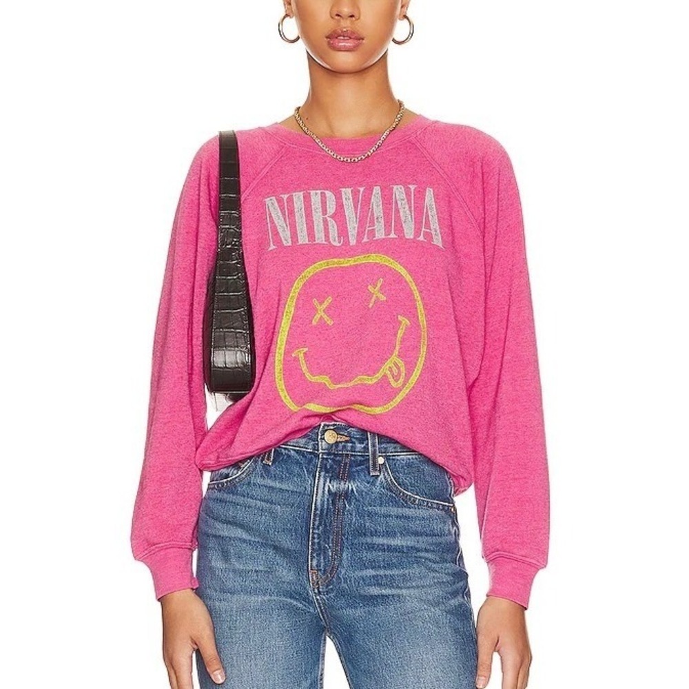 Daydreamer Nirvana Smile Graphic Raglan Crew Sweatshirt Pink Grunge Rock Small